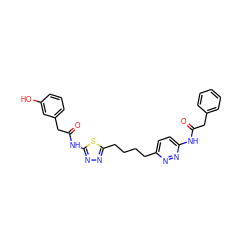 O=C(Cc1ccccc1)Nc1ccc(CCCCc2nnc(NC(=O)Cc3cccc(O)c3)s2)nn1 ZINC000169698231