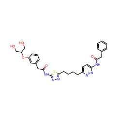 O=C(Cc1ccccc1)Nc1ccc(CCCCc2nnc(NC(=O)Cc3cccc(OC(CO)CO)c3)s2)nn1 ZINC000169698420