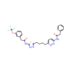 O=C(Cc1ccccc1)Nc1ccc(CCCCc2nnc(NC(=O)Cc3cccc(OC(F)(F)F)c3)s2)nn1 ZINC000169698312