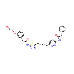 O=C(Cc1ccccc1)Nc1ccc(CCCCc2nnc(NC(=O)Cc3cccc(OCCO)c3)s2)nn1 ZINC000169698329