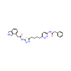 O=C(Cc1ccccc1)Nc1ccc(CCCCc2nnc(NC(=O)Cc3cccc4c3CNC4)s2)nn1 ZINC000169698673