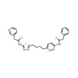 O=C(Cc1ccccc1)Nc1ccc(CCCCc2nnc(NC(=O)Cc3cccnc3)s2)nn1 ZINC000169698246