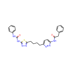 O=C(Cc1ccccc1)Nc1ccc(CCCCc2nnc(NC(=O)Nc3ccccc3)s2)nn1 ZINC000169698319