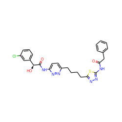 O=C(Cc1ccccc1)Nc1nnc(CCCCc2ccc(NC(=O)[C@@H](O)c3cccc(Cl)c3)nn2)s1 ZINC000169698260