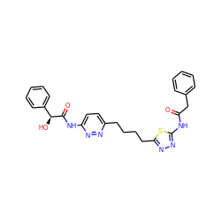 O=C(Cc1ccccc1)Nc1nnc(CCCCc2ccc(NC(=O)[C@@H](O)c3ccccc3)nn2)s1 ZINC000169698258