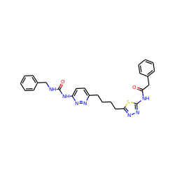 O=C(Cc1ccccc1)Nc1nnc(CCCCc2ccc(NC(=O)NCc3ccccc3)nn2)s1 ZINC000169698303