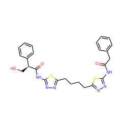 O=C(Cc1ccccc1)Nc1nnc(CCCCc2nnc(NC(=O)[C@@H](CO)c3ccccc3)s2)s1 ZINC000169698201