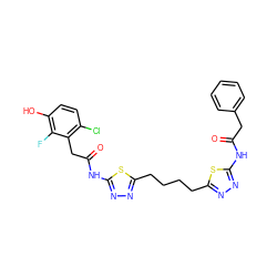 O=C(Cc1ccccc1)Nc1nnc(CCCCc2nnc(NC(=O)Cc3c(Cl)ccc(O)c3F)s2)s1 ZINC000169698236