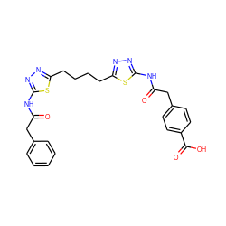 O=C(Cc1ccccc1)Nc1nnc(CCCCc2nnc(NC(=O)Cc3ccc(C(=O)O)cc3)s2)s1 ZINC000653884777