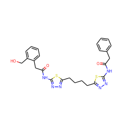 O=C(Cc1ccccc1)Nc1nnc(CCCCc2nnc(NC(=O)Cc3ccccc3CO)s2)s1 ZINC000169698226