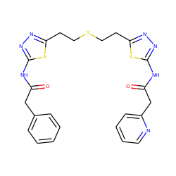 O=C(Cc1ccccc1)Nc1nnc(CCSCCc2nnc(NC(=O)Cc3ccccn3)s2)s1 ZINC000169698252