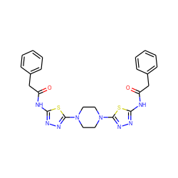 O=C(Cc1ccccc1)Nc1nnc(N2CCN(c3nnc(NC(=O)Cc4ccccc4)s3)CC2)s1 ZINC000653714982