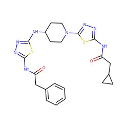 O=C(Cc1ccccc1)Nc1nnc(NC2CCN(c3nnc(NC(=O)CC4CC4)s3)CC2)s1 ZINC000653702247