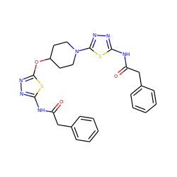 O=C(Cc1ccccc1)Nc1nnc(OC2CCN(c3nnc(NC(=O)Cc4ccccc4)s3)CC2)s1 ZINC000584904669