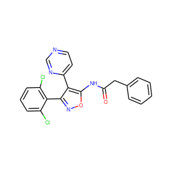 O=C(Cc1ccccc1)Nc1onc(-c2c(Cl)cccc2Cl)c1-c1ccncn1 ZINC000117414402