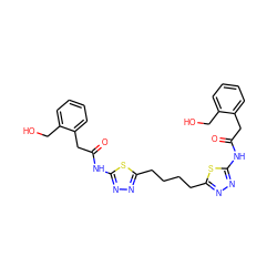 O=C(Cc1ccccc1CO)Nc1nnc(CCCCc2nnc(NC(=O)Cc3ccccc3CO)s2)s1 ZINC000169698006