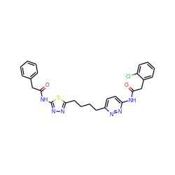 O=C(Cc1ccccc1Cl)Nc1ccc(CCCCc2nnc(NC(=O)Cc3ccccc3)s2)nn1 ZINC000169698439