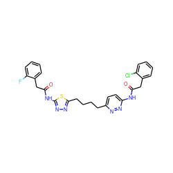 O=C(Cc1ccccc1Cl)Nc1ccc(CCCCc2nnc(NC(=O)Cc3ccccc3F)s2)nn1 ZINC000169698447