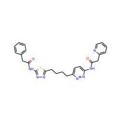 O=C(Cc1ccccn1)Nc1ccc(CCCCc2nnc(NC(=O)Cc3ccccc3)s2)nn1 ZINC000169698280