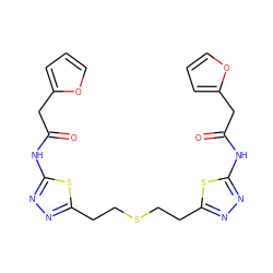 O=C(Cc1ccco1)Nc1nnc(CCSCCc2nnc(NC(=O)Cc3ccco3)s2)s1 ZINC000169697792