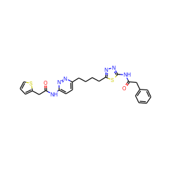 O=C(Cc1cccs1)Nc1ccc(CCCCc2nnc(NC(=O)Cc3ccccc3)s2)nn1 ZINC000169698413