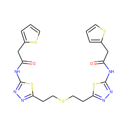 O=C(Cc1cccs1)Nc1nnc(CCSCCc2nnc(NC(=O)Cc3cccs3)s2)s1 ZINC000169697856