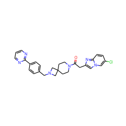 O=C(Cc1cn2cc(Cl)ccc2n1)N1CCC2(CC1)CN(Cc1ccc(-c3ncccn3)cc1)C2 ZINC000084759218