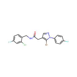 O=C(Cc1cnn(-c2ccc(F)cc2)c1Br)NCc1ccc(F)cc1Cl ZINC000095565058