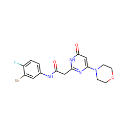 O=C(Cc1nc(N2CCOCC2)cc(=O)[nH]1)Nc1ccc(F)c(Br)c1 ZINC000095573104