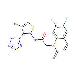 O=C(Cn1c(=O)ccc2cc(F)c(F)cc21)Nc1scc(Br)c1-c1ncn[nH]1 ZINC000072179911