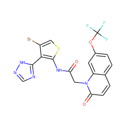 O=C(Cn1c(=O)ccc2ccc(OC(F)(F)F)cc21)Nc1scc(Br)c1-c1ncn[nH]1 ZINC000072179285