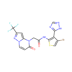 O=C(Cn1c(=O)ccn2nc(C(F)(F)F)cc12)Nc1scc(Br)c1-c1ncn[nH]1 ZINC000072179910