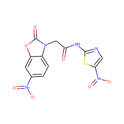 O=C(Cn1c(=O)oc2cc([N+](=O)[O-])ccc21)Nc1ncc([N+](=O)[O-])s1 ZINC000299835792