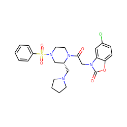 O=C(Cn1c(=O)oc2ccc(Cl)cc21)N1CCN(S(=O)(=O)c2ccccc2)C[C@H]1CN1CCCC1 ZINC000040976616