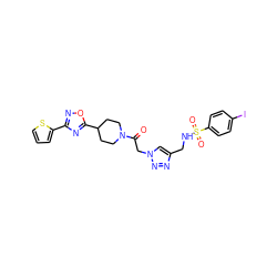 O=C(Cn1cc(CNS(=O)(=O)c2ccc(I)cc2)nn1)N1CCC(c2nc(-c3cccs3)no2)CC1 ZINC000058638413