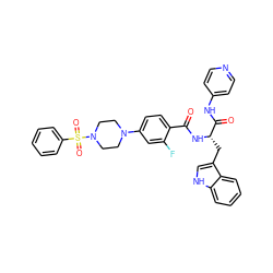 O=C(N[C@@H](Cc1c[nH]c2ccccc12)C(=O)Nc1ccncc1)c1ccc(N2CCN(S(=O)(=O)c3ccccc3)CC2)cc1F ZINC000096930114