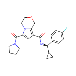 O=C(N[C@@H](c1ccc(F)cc1)C1CC1)c1cc(C(=O)N2CCCC2)n2c1COCC2 ZINC000146066224