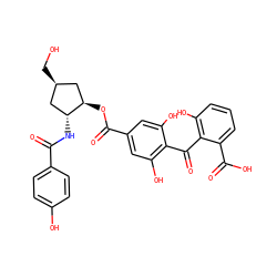 O=C(N[C@@H]1C[C@@H](CO)C[C@H]1OC(=O)c1cc(O)c(C(=O)c2c(O)cccc2C(=O)O)c(O)c1)c1ccc(O)cc1 ZINC000026386462