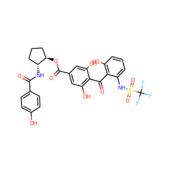 O=C(N[C@@H]1CCC[C@H]1OC(=O)c1cc(O)c(C(=O)c2c(O)cccc2NS(=O)(=O)C(F)(F)F)c(O)c1)c1ccc(O)cc1 ZINC000026579427