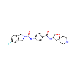 O=C(N[C@@H]1COC2(CCNCC2)C1)c1ccc(NC(=O)N2Cc3ccc(F)cc3C2)cc1 ZINC000166069748