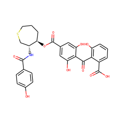 O=C(N[C@@H]1CSCCC[C@H]1OC(=O)c1cc(O)c(C(=O)c2c(O)cccc2C(=O)O)c(O)c1)c1ccc(O)cc1 ZINC000026394883