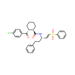 O=C(N[C@H](/C=C/S(=O)(=O)c1ccccc1)CCc1ccccc1)[C@@H]1CCCC[C@H]1C(=O)c1ccc(Cl)cc1 ZINC000049802287