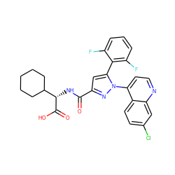 O=C(N[C@H](C(=O)O)C1CCCCC1)c1cc(-c2c(F)cccc2F)n(-c2ccnc3cc(Cl)ccc23)n1 ZINC000169352854