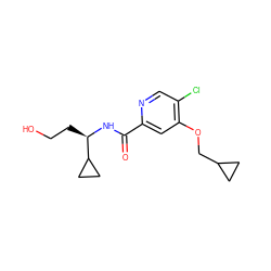 O=C(N[C@H](CCO)C1CC1)c1cc(OCC2CC2)c(Cl)cn1 ZINC000146300995