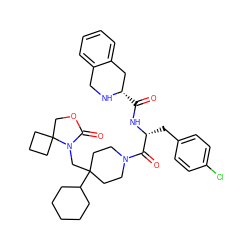 O=C(N[C@H](Cc1ccc(Cl)cc1)C(=O)N1CCC(CN2C(=O)OCC23CCC3)(C2CCCCC2)CC1)[C@H]1Cc2ccccc2CN1 ZINC000028570489