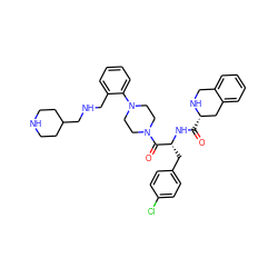 O=C(N[C@H](Cc1ccc(Cl)cc1)C(=O)N1CCN(c2ccccc2CNCC2CCNCC2)CC1)[C@H]1Cc2ccccc2CN1 ZINC000028379507