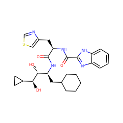 O=C(N[C@H](Cc1cscn1)C(=O)N[C@@H](CC1CCCCC1)[C@@H](O)[C@@H](O)C1CC1)c1nc2ccccc2[nH]1 ZINC000014209607