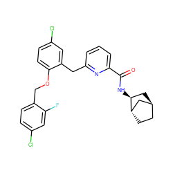 O=C(N[C@H]1C[C@H]2CC[C@H]1C2)c1cccc(Cc2cc(Cl)ccc2OCc2ccc(Cl)cc2F)n1 ZINC000261076530