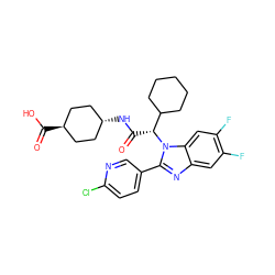 O=C(N[C@H]1CC[C@H](C(=O)O)CC1)[C@H](C1CCCCC1)n1c(-c2ccc(Cl)nc2)nc2cc(F)c(F)cc21 ZINC000254051293