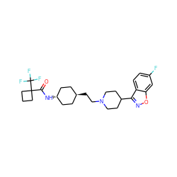 O=C(N[C@H]1CC[C@H](CCN2CCC(c3noc4cc(F)ccc34)CC2)CC1)C1(C(F)(F)F)CCC1 ZINC001772651488